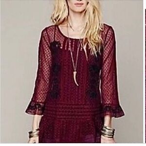Free People vintage Jocelyn embroidered dot tunic blouse maroon